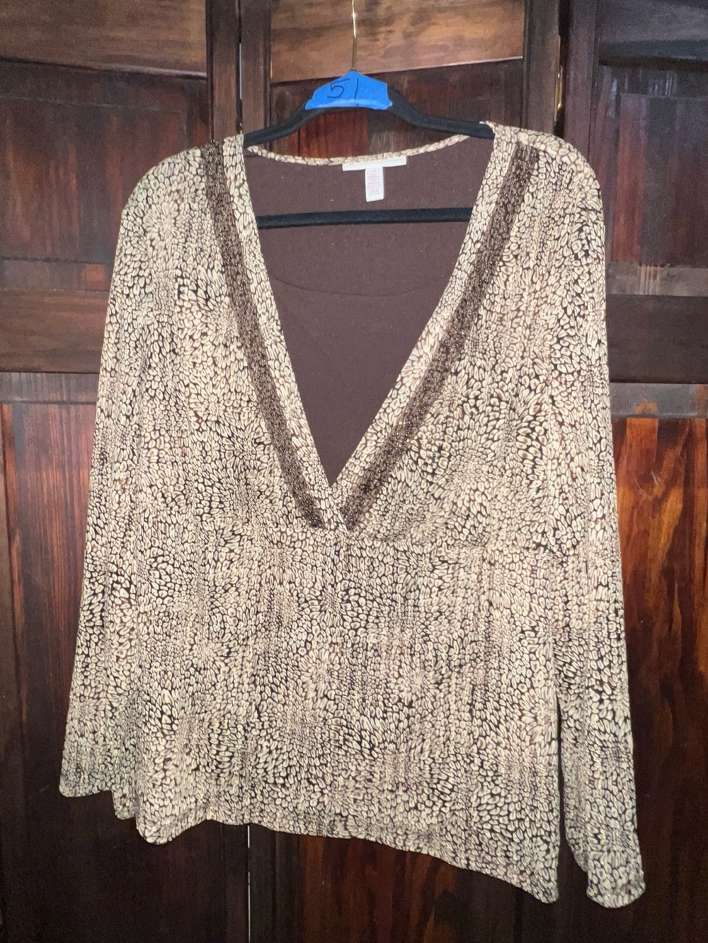 JM Collection Brown V-Neck Knit Top with Subtle Pattern